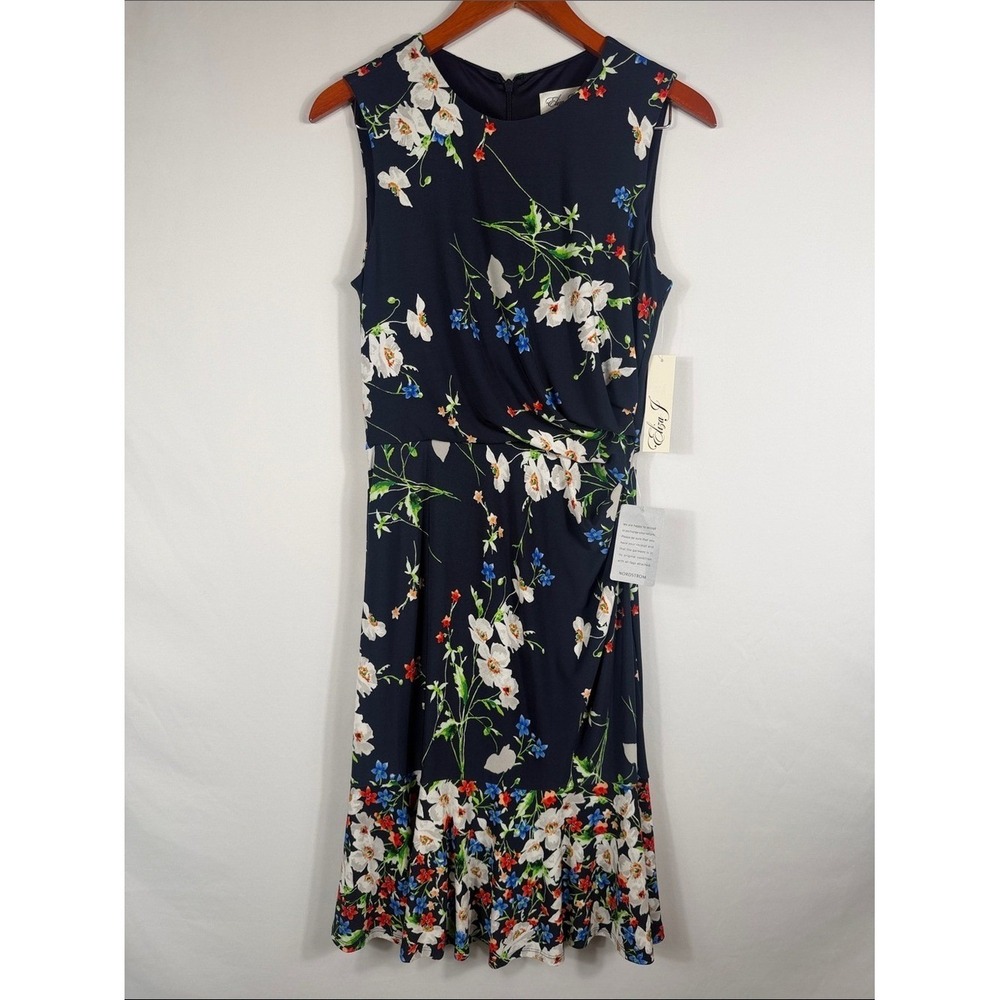 Eliza J Sleeveless Navy Floral Midi Dress. NWT Women's Size 6. Gathered at Side